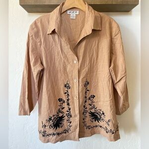 A.K.C. | Tan Linen Long Sleeve Button Down Blouse with Floral Embroidered•••1X
